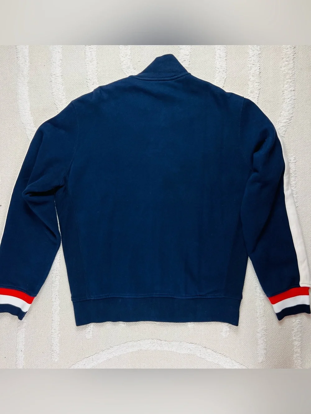 Polo Ralph Lauren Navy Track Jacket with Cream Sleeve Stripes – Size L